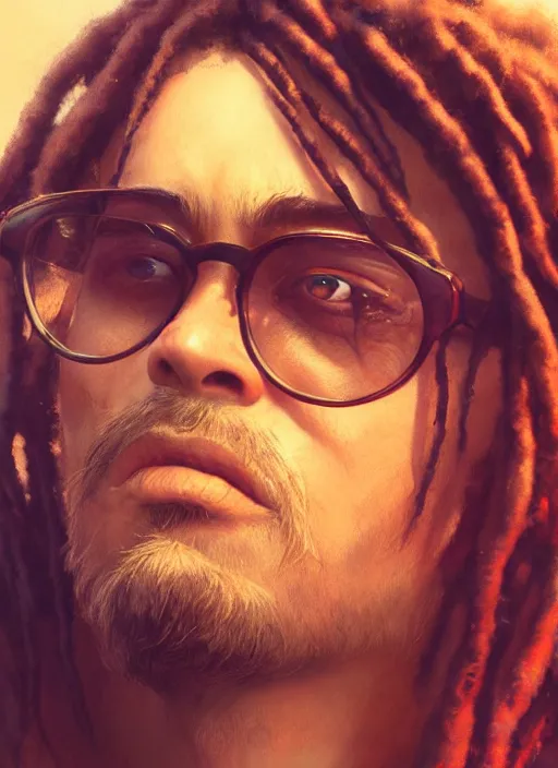 Prompt: : baby john lennonwith dred locs and glasses, cinematic lighting, wallpaper, extremely detailed, sharp focus, by greg rutkowski, intricate, beautiful, award winning, trending on artstation, pixiv