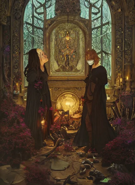 Prompt: mindcontrol inside covens den, intricate wiccan scene detailing, textless, masked wiccan photorealistic figures, hyperdetailed, photorealistic, diffuse lighting, hdrp, artstation, unreal 5, smooth, sharp focus, art by john collier, albert aublet, krenz cushart, artem demura, alphonse mucha