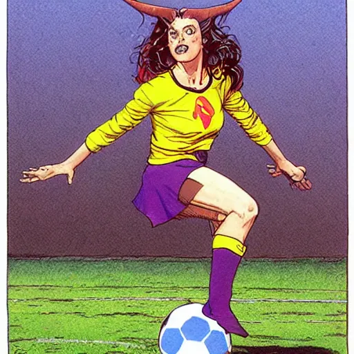 Prompt: a succubus playing soccer, colorful Epic portrait by james gurney and mœbius.