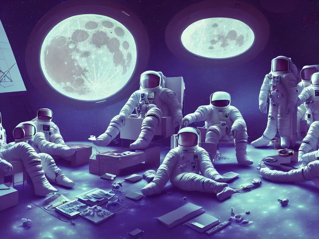 Prompt: a team of therapists calmly attend to an astronaut in a psychedelic therapy session, inside a midcentury modern architecture lunar module, on the surface of the moon, concept art, science fiction industrial hard science concept art, 8 k render octane high definition