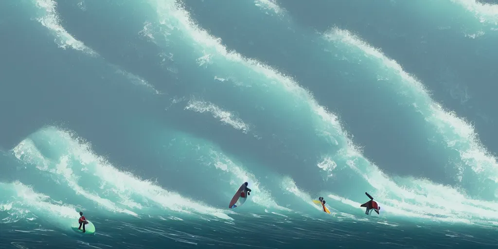 Prompt: big wave surfers by Goro Fujita and Simon Stalenhag , 8k, trending on artstation, hyper detailed, cinematic