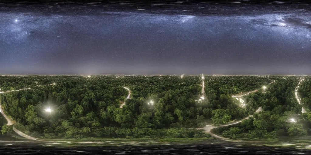 Image similar to a big industrial city metropoli in the distance, cloudy dark sky, it's late at night the moon and the milky way shine, a forest in the foreground, 3 6 0 render panorama, equirectangular projection, seamless