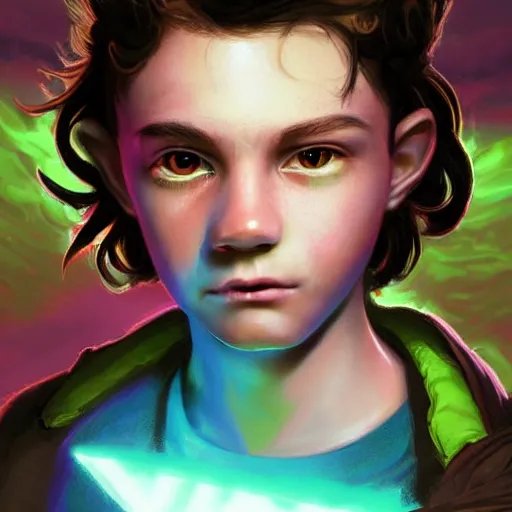 Prompt: a stylized portrait of a young boy with wavy brown hair and green eyes as an evil warlord, stylized, arcane magic, blue and purple vapor, neon color, vivid color, lens flare, volumetric light from below, background by justin gerard, hyperdetailed concept art by Ross Tran and Greg Rutkowski, high quality DnD illustration, trending on ArtStationHQ, 8k