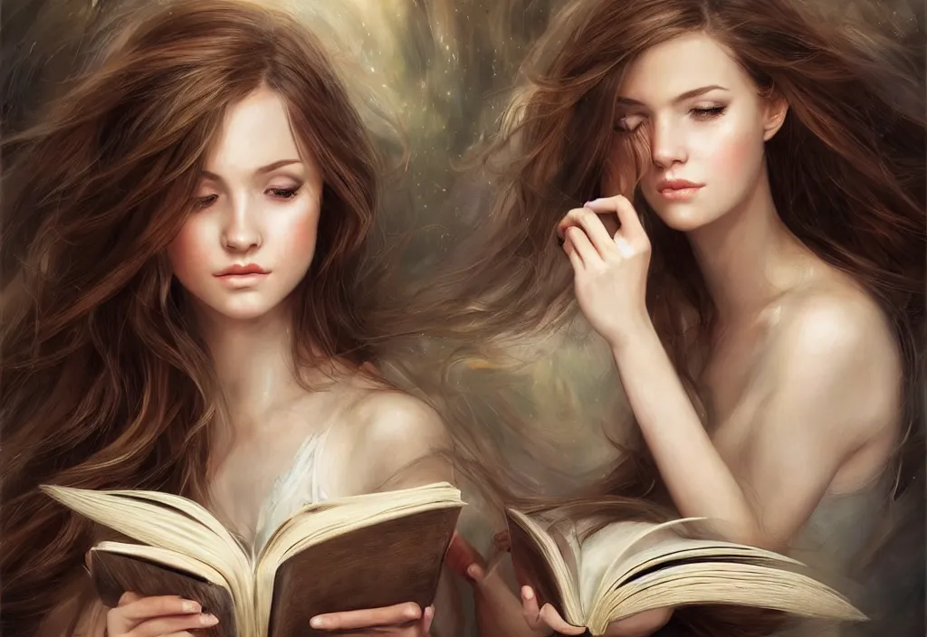 Prompt: a girl reading a book, hair flowing down, 8 k, hyperrealistic, hyperdetailed, fantasy portrait by laura sava