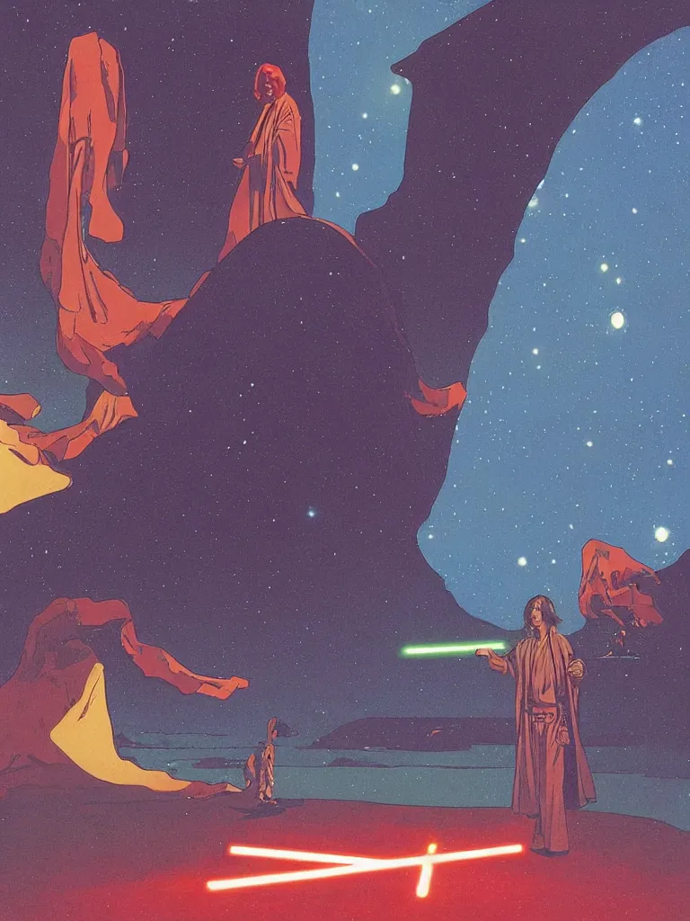 Prompt: a picture of george harrison as a jedi, taking mind altering drugs, a blotter paper of lsd acid and dreaming psychedelic hallucinations in a vast star wars landscape, by kawase hasui, moebius, edward hopper, colorful flat surreal design, dramatic lighting, hd, 8 k, artstation