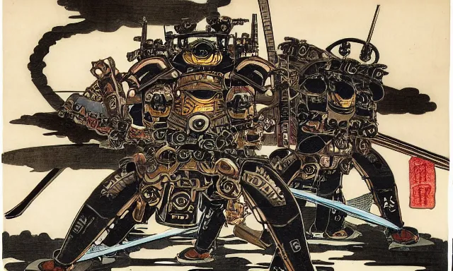 Prompt: steampunk mechs with katanas, in the style of utagawa kuniyoshi, sasai ukon masanao, classical japanese art, feudal japan art, tokusatsu, sci - fi illustrations, highly detailed, award - winning, gundam, mecha, ronin, shogun, samurai, japanese, dark, gritty, ink, watercolor