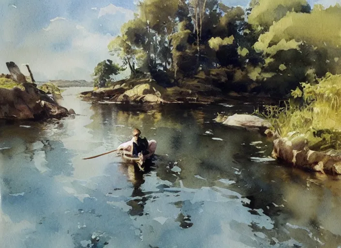 Prompt: watercolor painting of sunny summer day, calm water, art by anders zorn, wonderful masterpiece by greg rutkowski, beautiful cinematic light, american romanticism by greg manchess, creation by tyler edlin, aquarelle