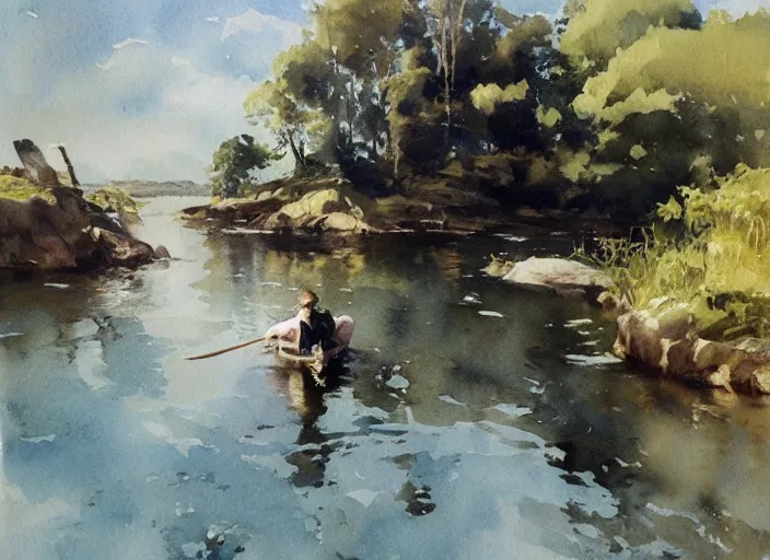 Boy Fishing Painting, Child River ORIGINAL Art, Sunny Sumer Day