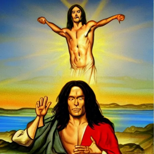 Prompt: tommy wiseau jesus break dances on the water, biblical, oil painting, sunny, beautiful