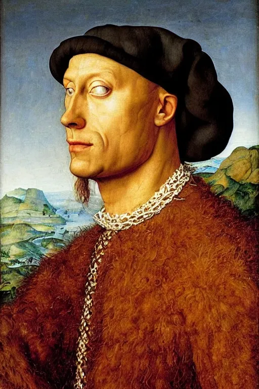 Image similar to renaissance 1 6 0 0 portrait of dwyane the rock, oil painting by jan van eyck, northern renaissance art, oil on canvas, wet - on - wet technique, realistic, expressive emotions, intricate textures, illusionistic detail