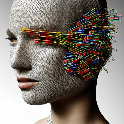 Prompt: hyper realistic woman with a weird head piece on her head, made of paperclips, made of insects, made of feathers, hybrid, bold natural colors, panfuturism, masterpiece, trending on artstation, photograph