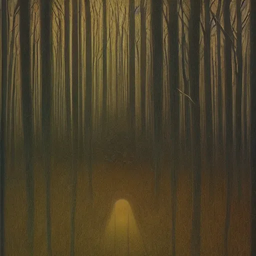 Prompt: deep in a dark and mysterious forest, loneliness, great space, byzdzisław beksinski