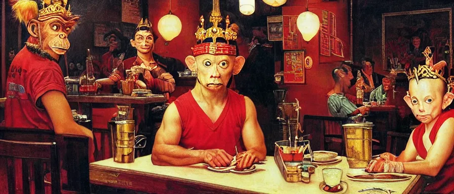 Image similar to Monkey King at a diner, head and shoulders portrait, extremely detailed masterpiece, Roger Deakin’s cinematography, oil on canvas, Norman Rockwell.