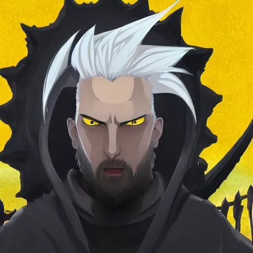 Prompt: a man with spiky white hair and yellow eyes, wearing a black cultist robe, medieval background, highly detailed, digital painting, artstation, matte, by makoto shinkai, animation style, studio ghibli, anime key visual