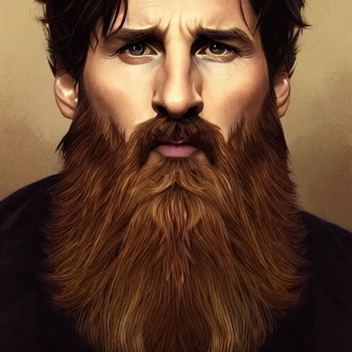 Image similar to Lionel Messi with a majestic beard, closeup, D&D, fantasy, intricate, elegant, highly detailed, digital painting, artstation, concept art, matte, sharp focus, illustration, art by Artgerm and Greg Rutkowski and Alphonse Mucha