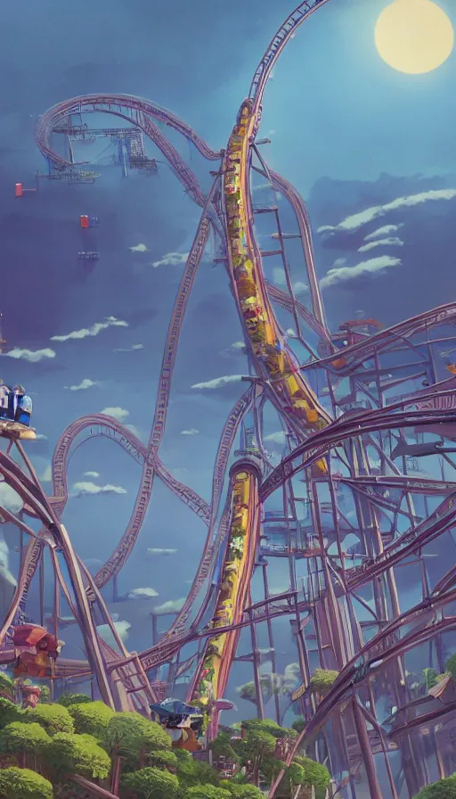 Image similar to A highly detailed matte painting of the tallest most dangerous roller coaster ever, by Studio Ghibli, Makoto Shinkai, by Artgerm, by beeple, by Greg Rutkowski, volumetric lighting, octane render, 4K resolution, trending on artstation, masterpiece