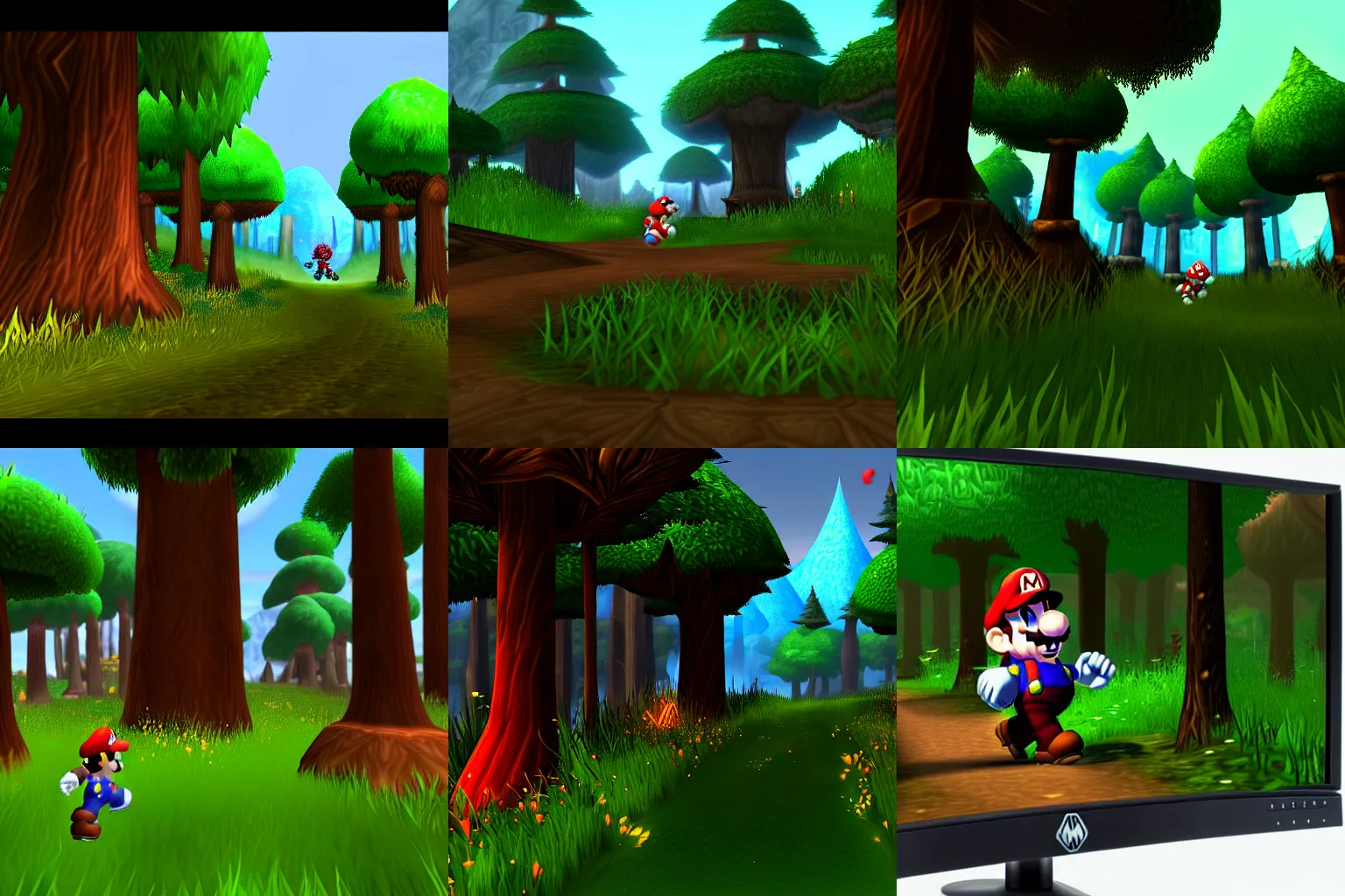 Prompt: Mario walking on the World of Warcraft Elwynn Forest, pc monitor screen image.