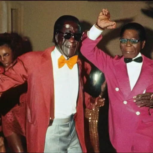 Image similar to A still of Robert Mugabe wearing a disco suit in Saturday Night Fever