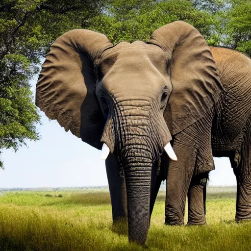 Image similar to a highly detailed panoramic photo by annie leibowitz of an elephant in the distance. the elephant has a staircase as a trunk, 8 k, super resolution