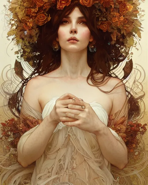 Image similar to A full portrait of the goddess of autumn, intricate, elegant, highly detailed, digital painting, artstation, concept art, smooth, sharp focus, illustration, art by Krenz Cushart and Artem Demura and alphonse mucha