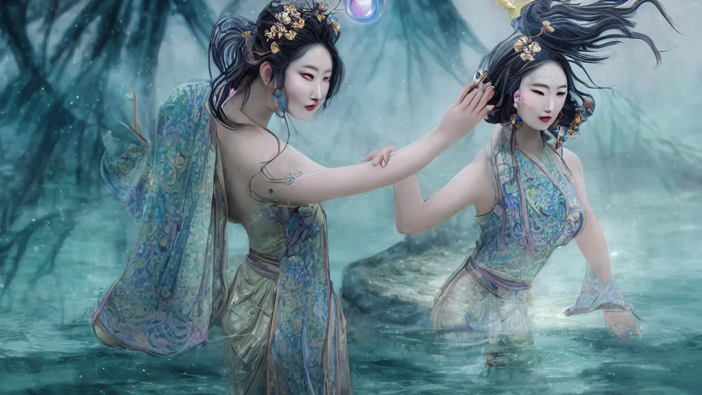 Prompt: whimsical, beautiful alluring ancient chinese costume goddess, with professional makeup, standing in a lake, raising an arm, under a binary black hole with a ring, by ross tran, by greg rutkowski, by artgerm, by beeple, face enhance, volumetric lighting, 4 k resolution, octane render, trending on artstation