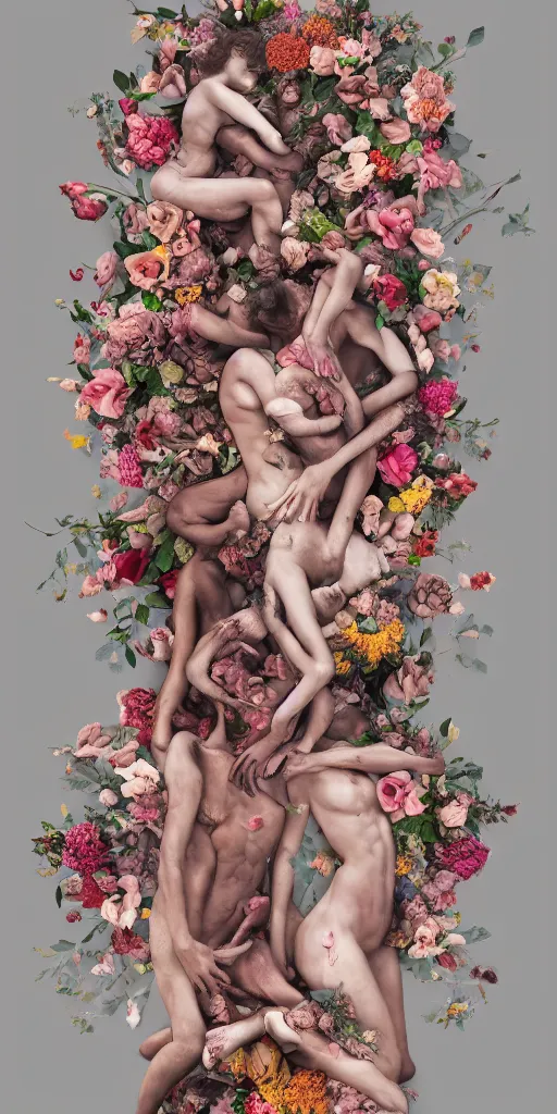 Prompt: human bodies intertwined, a lovely cornucopia of flowers and human body parts, body parts, highly detailed, octane render, cinematic