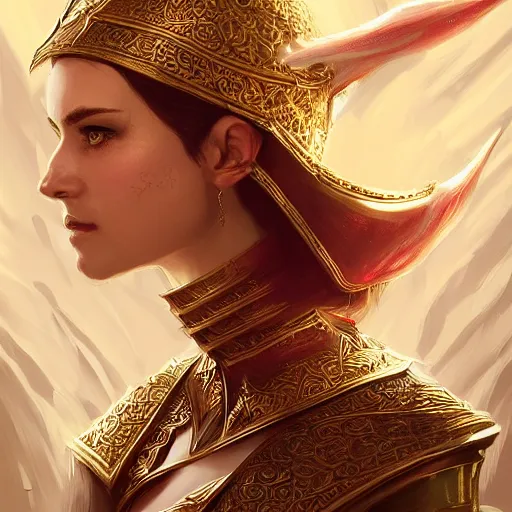 Image similar to elven noblewoman, arrogant, D&D, fantasy, portrait, highly detailed, digital painting, artstation, concept art, sharp focus, illustration, art by artgerm and greg rutkowski and magali villeneuve, red white and gold color scheme