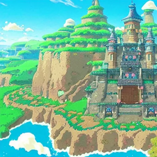 Prompt: studio ghibli themed breath of the wild Hyrule castle, without Link