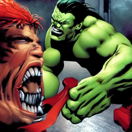 Prompt: x - men juggernaut fighting hulk, action scene