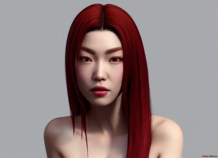 Image similar to stunning render portrait of a beautiful oriental woman with red hair wearing a hat, her eyes are green. 4 k unreal engine, daz, octane, zbrush, maya.