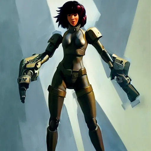 Image similar to greg manchess portrait painting of partially armored motoko kusanagi as overwatch character, medium shot, asymmetrical, profile picture, organic painting, sunny day, matte painting, bold shapes, hard edges, street art, trending on artstation, by huang guangjian, gil elvgren, ruan jia, greg rutkowski, gaston bussiere