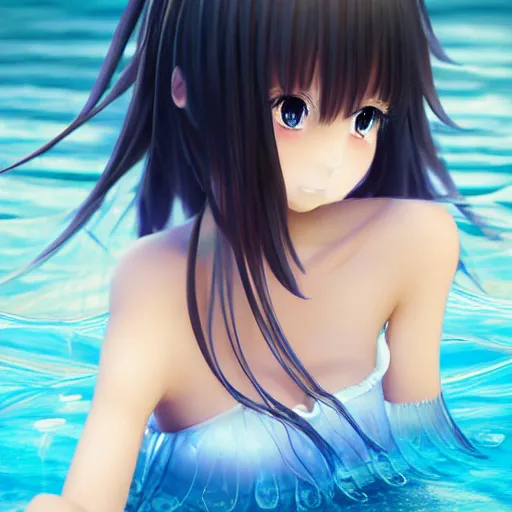 Image similar to 3D advanced digital art, a very cute anime girl wearing a dress made of water sleeping in a shell , full body, very long black hair, azure blue watery eyes, full round face, cinematic lighting, mid-shot, highly detailed, trending on pixiv, Steven Artgerm Lau, WLOP, Rossdraws, James Jean, Andrei Riabovitchev, totorrl, Marc Simonetti, visual key, and Sakimichan