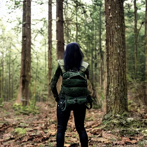 Image similar to young lady with green and black hair wearing black military style clothing backpack long sword glow misty forest rendered