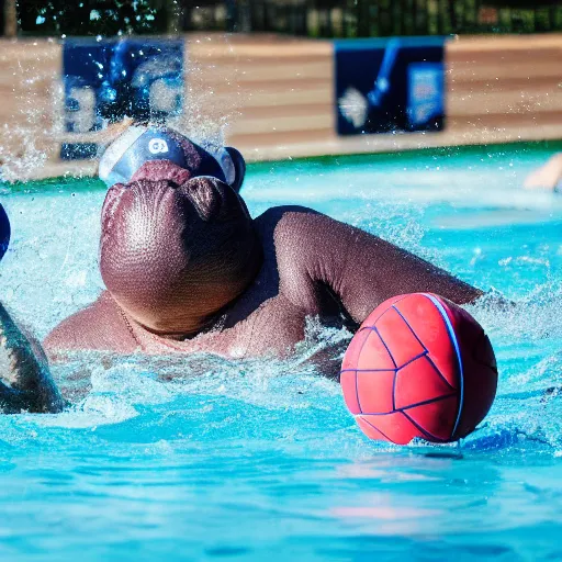 Image similar to hippopotamuses playing water polo against people. sports photograph.