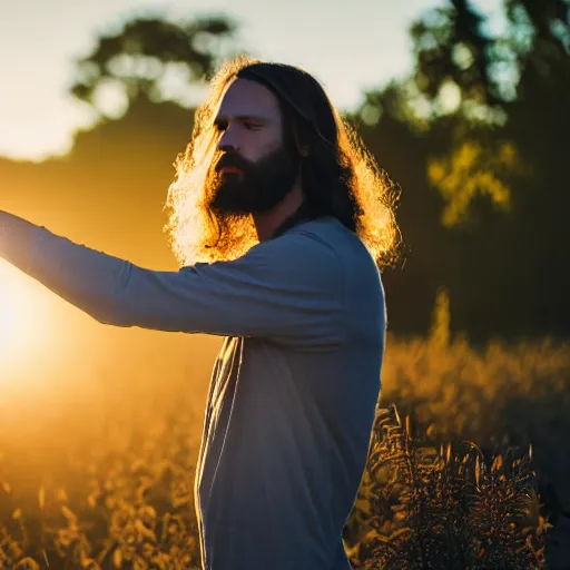 Image similar to a still of a 20's something man hippie standing in a large field of living plants. Magic hour, backlit, lens flare, smoke in the air.