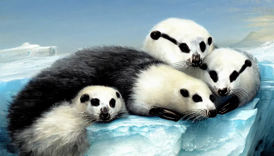 Prompt: highly detailed painting of cute furry white baby seal badgers cuddling into each other on a blue and white iceberg by william turner, by greg rutkowski, by william constable, thick brush strokes and visible paint layers, 4 k resolution