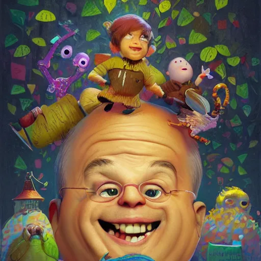 Image similar to Danny Davito, pixar cute, highly detailed, sharp focus, neon color, digital painting, floating particles, excitement, artwork by Jeremiah Ketner + Mati Klarwein + Fintan Magee + Chris Mars, background artwork by greg rutkowski