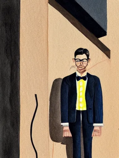Image similar to water color painting, artwork by wes anderson, of a solo individual portrait of a guy waiting for his date to come, dapper, simple illustration, nostalgic, very realistic, full of details, trending on artstation