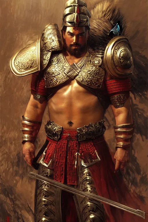 Image similar to attractive beefy male with armor, ancient china, three kingdoms, character design, dynamic lighting, cool and bright tint, painting by gaston bussiere, craig mullins, j. c. leyendecker, tom of finland