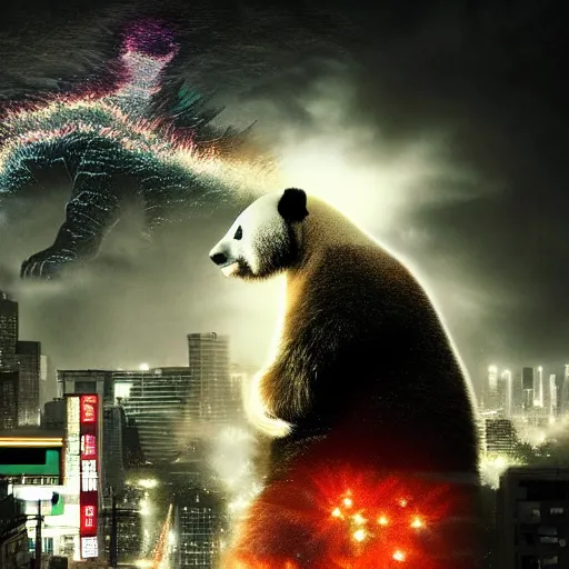 Image similar to giant panda destroying tokyo in the style of the movie godzilla, cinematic lighting framing and shadows