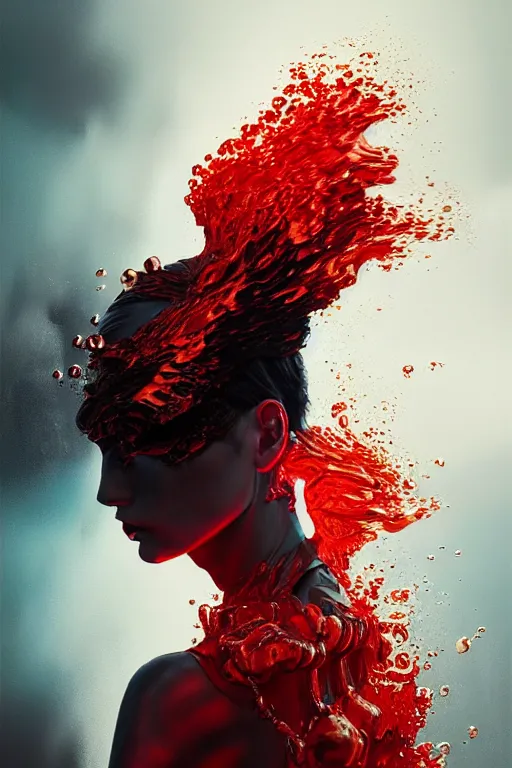 Prompt: 3 d, angry fashion model, flame, liquid black and red water, sun, vogue cover style, poster art, high detail, intricate oil painting, multiple exposure, heaven mood, hyperrealism, 3 d, by tooth wu and wlop and beeple and greg rutkowski