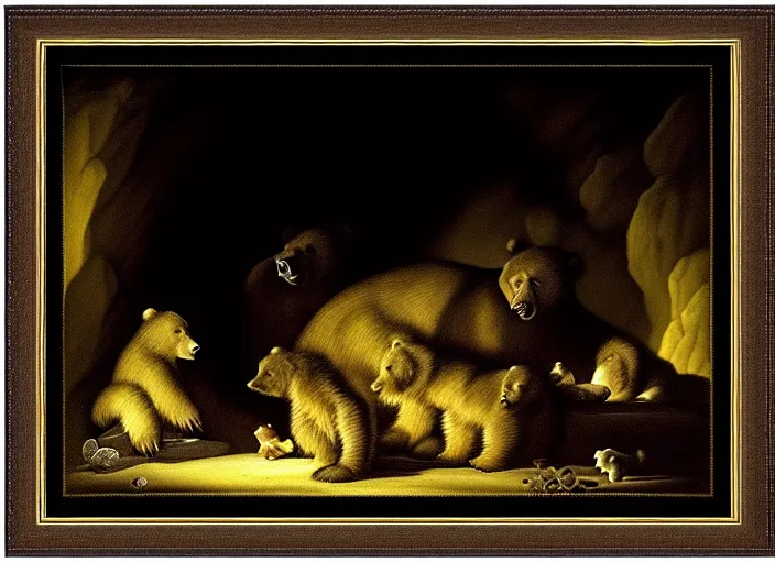 Image similar to Pieter Claesz's 'bear and her cubs sleeping in a dark cave lit by campfire', night time, cross hatching, framed