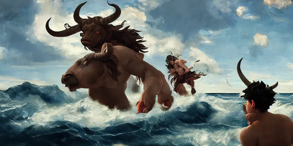 Prompt: Minotaur in Sea, by Caravaggio, studio ghibli, cinematic lighting, intricate, highly detailed, digital painting, trending on artstation, Illustration, epic scale