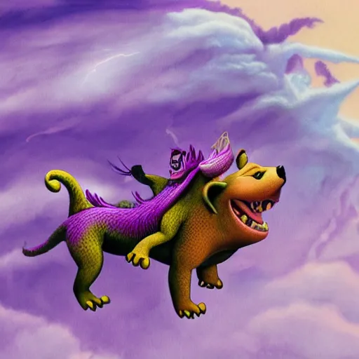 Image similar to super - detailed timon & pumba riding a purple dragon in a storm, ultrarealistic, highly detailed, soft colors