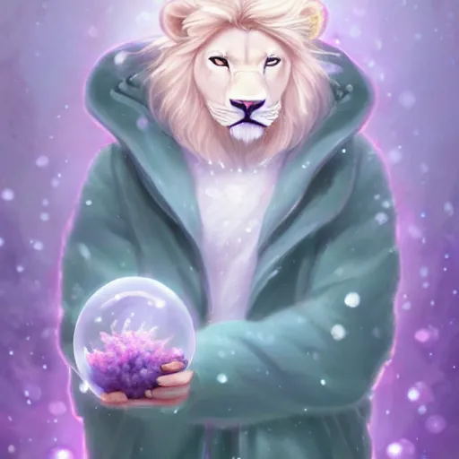 Image similar to aesthetic portrait commission of a albino male furry anthro lion under a lavender bubble filled while wearing a cute mint colored cozy soft pastel winter outfit with pearls on it, winter Atmosphere. Character design by charlie bowater, ross tran, artgerm, and makoto shinkai, detailed, inked, western comic book art, 2021 award winning painting