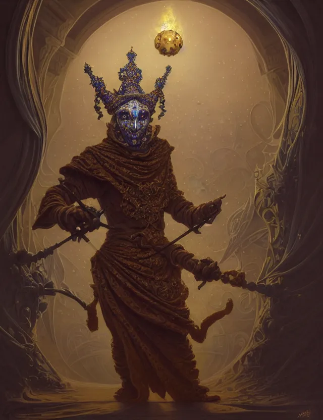 Image similar to front shot of a court jester character, hyperdimensional, bioluminescent hypercubes, ((intricate)), elegant, highly detailed, centered, (((artstation, concept art, smooth, sharp focus, artgerm, Tomasz Alen Kopera, Peter Mohrbacher, donato giancola, Joseph Christian Leyendecker, WLOP, Boris Vallejo))), mugshot!!!!!, ugly!!!!!!, octane render, nvidia raytracing demo, grainy, muted, 8K, digitalblasphemy