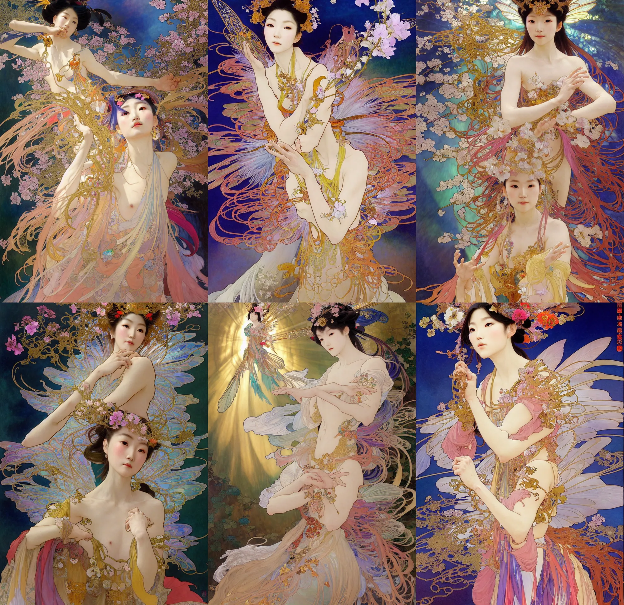 Prompt: oil painting by yoshitaka amano, alfons mucha, makoto shinkai and john singer sargent, chinese taoist fairy goddess played by athena chu, colorful clothes and feather clothes of the tang dynasty, hyper detailed, character concept, full body, dynamic pose, intricate, lineart, cerpuscular rays, lily flowers. 8 k