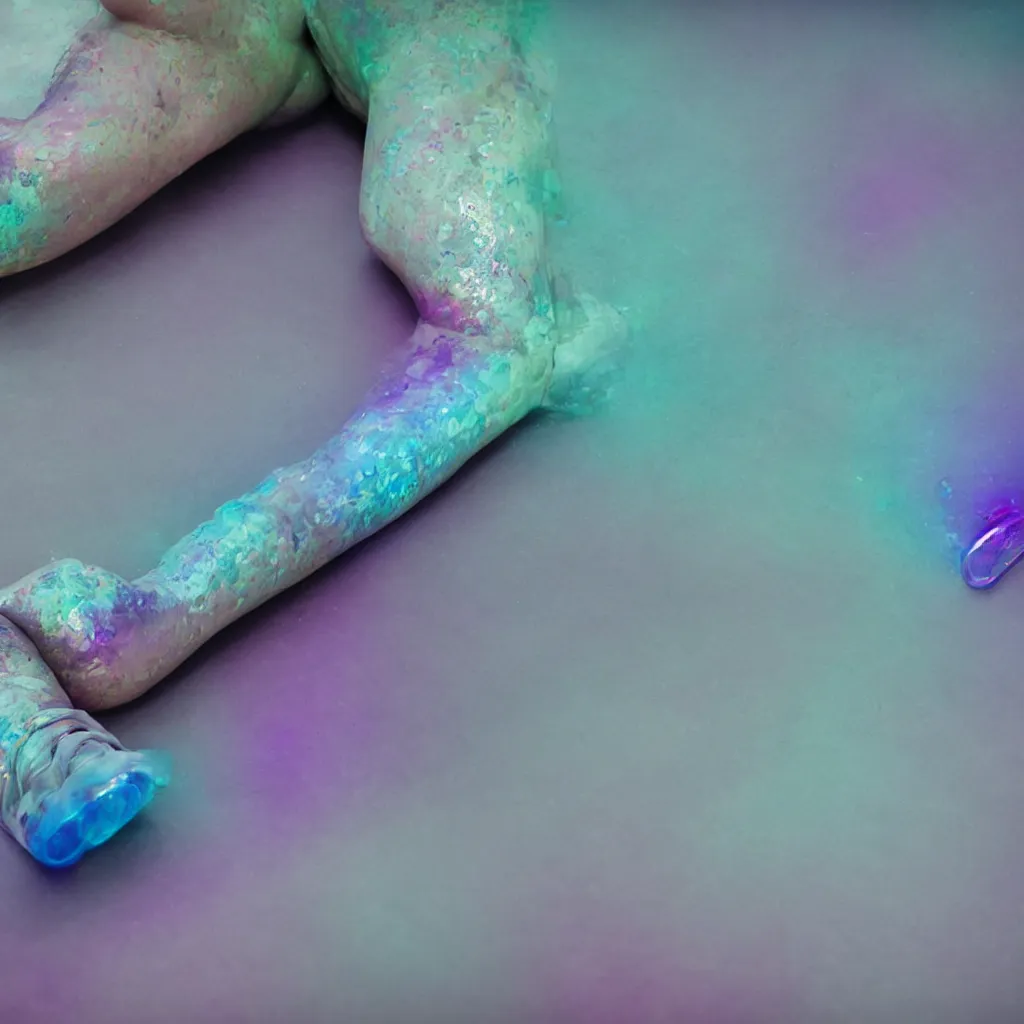 Prompt: close - up of iridiscent oil slick corpses connected by a transparent pipe to a wax form relaxing on yoga mat, faded, gradient, fog, smoke, depth of field, blur, very detailed, glitch, by nadav kander and hans bellmer, 8 k, ultrarealistic, ultradetailed, sad atmosphere, cinematic