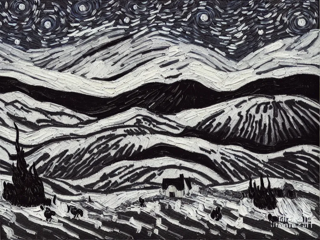Image similar to thick impasto textured oil black and white painting of the laurentian appalachian mountains in winter by vincent van gogh, unique, original and creative landscape, snowy night, distant town lights, aurora borealis, deers and ravens, footsteps in the snow, brilliant composition