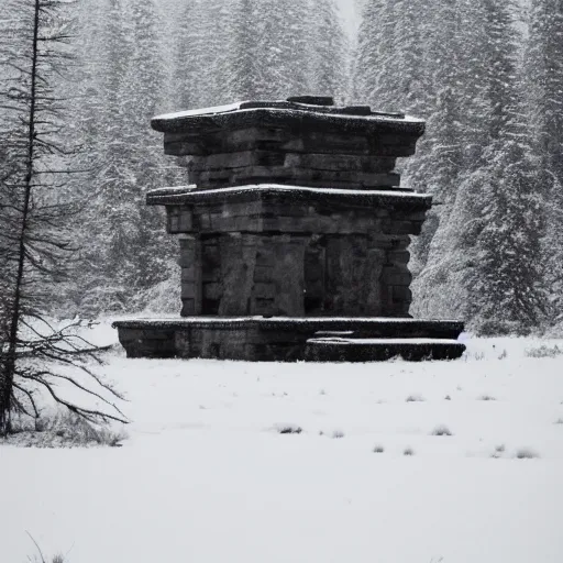 Prompt: a monolithic pillar temple in a taiga. snowing, overcast sky, grainy.